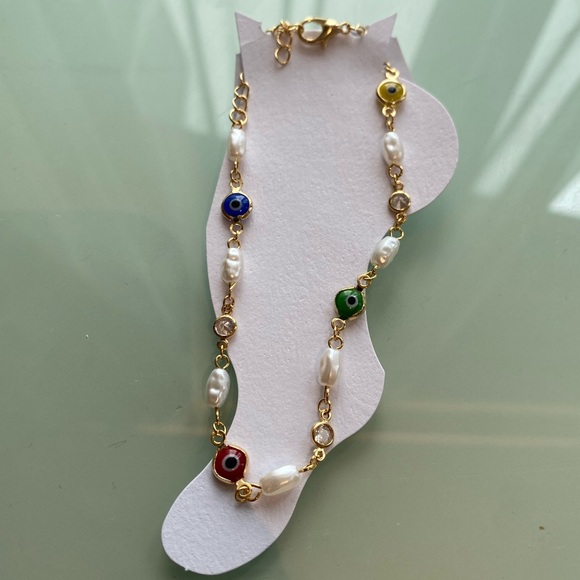 Gold Plated freshwater Pearl and Evil Eye Anklet - Picture 2 of 2